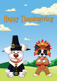 Thanksgiving Dogs dressed as Indian and Pilgrim